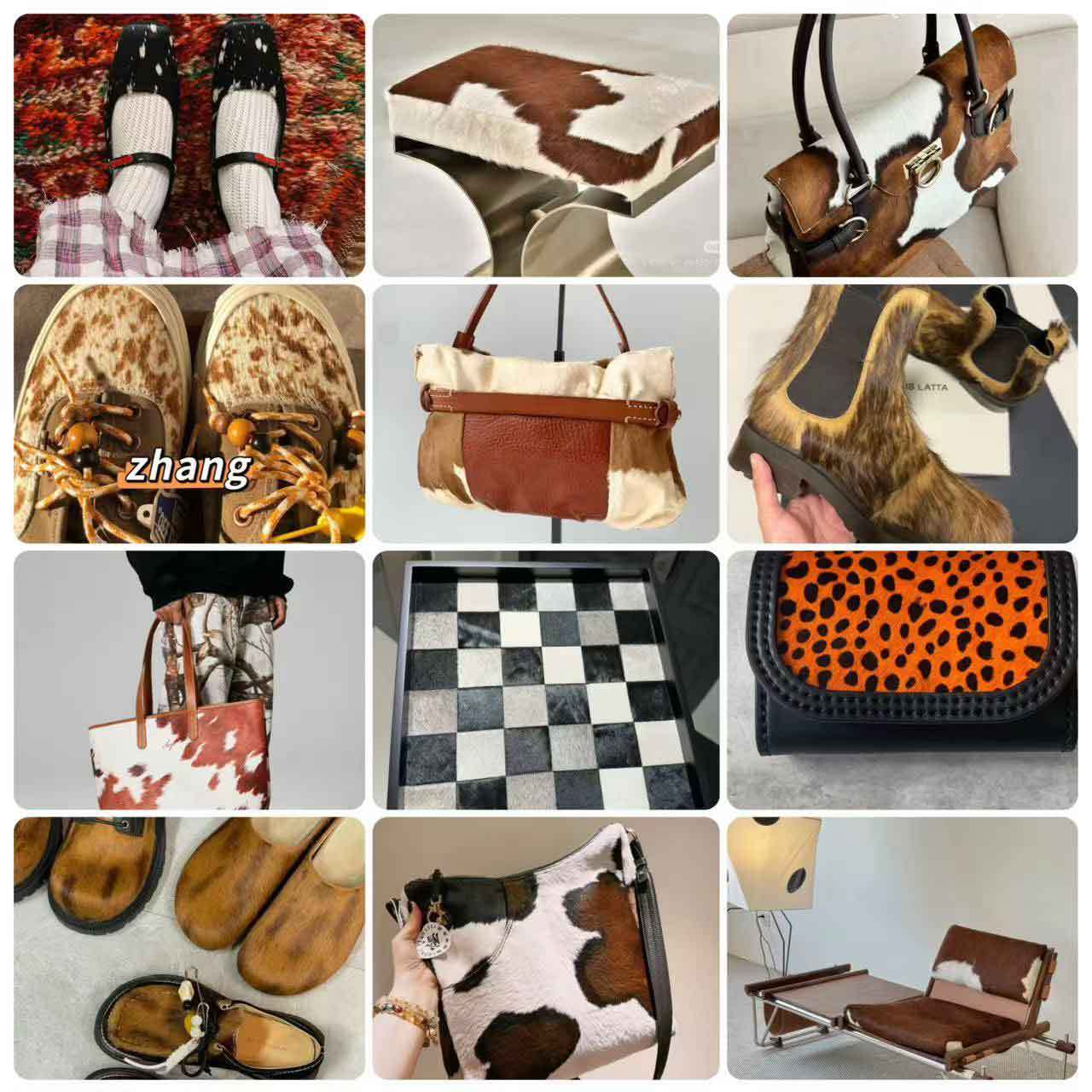 Horse Fur Leather Cow Bag Shoes and Boots Raw Material Color Brown Flower Apricot Calfskin Leather Fur One