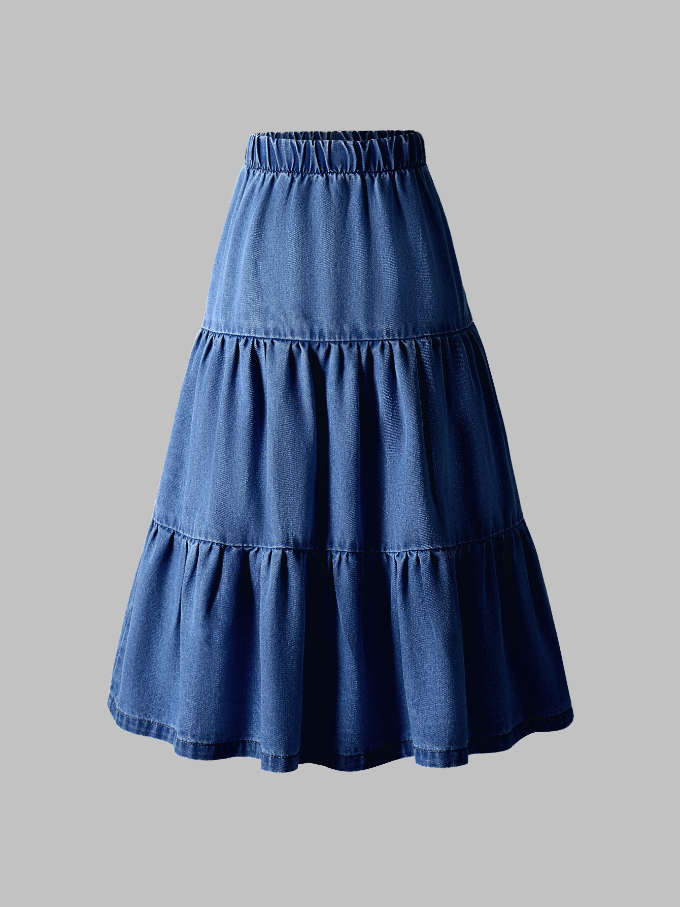 Cross-border retro elastic waist stitching Denim skirt women's spring and summer 2025 slim long A- shaped umbrella skirt multi-layer