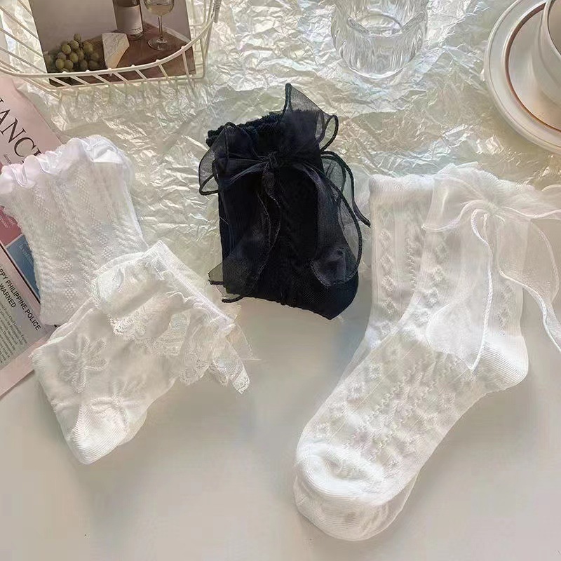 Simple White Bow Lace Socks Children's Mid-length Socks Summer Thin Japanese Sweet Lolita Lace JK Socks