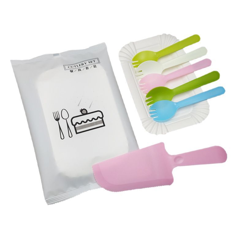 Birthday Cake Tableware Fork Spoon Set Whole Piece Plastic Disposable Cake Knife and Fork Plate Baking Knife, Fork and Dish Four in One