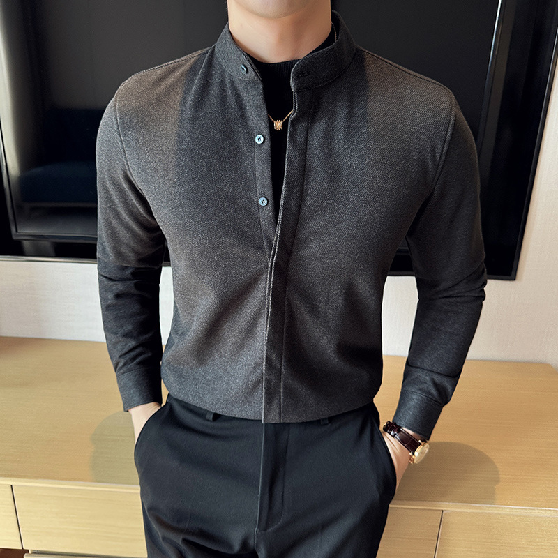Stand Collar woolen shirt men's long sleeve slim fit ruffle handsome high-grade business casual fake two-piece knitted pullover sweater men