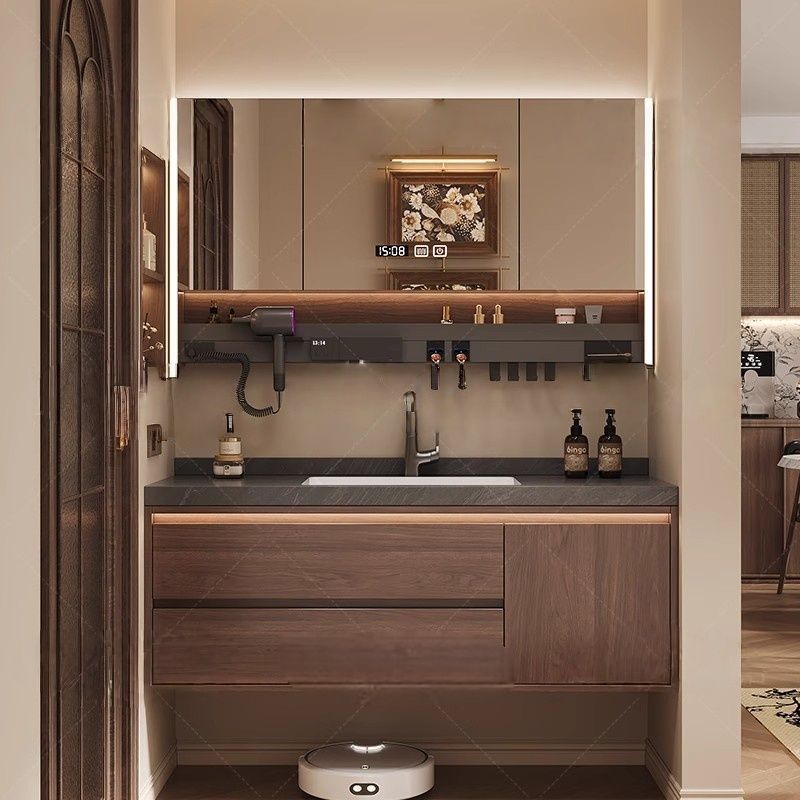 Chinese-Style Bathroom Cabinet with Walnut Integrated Ceramic Washbasin and Rock Slab Washbasin Set