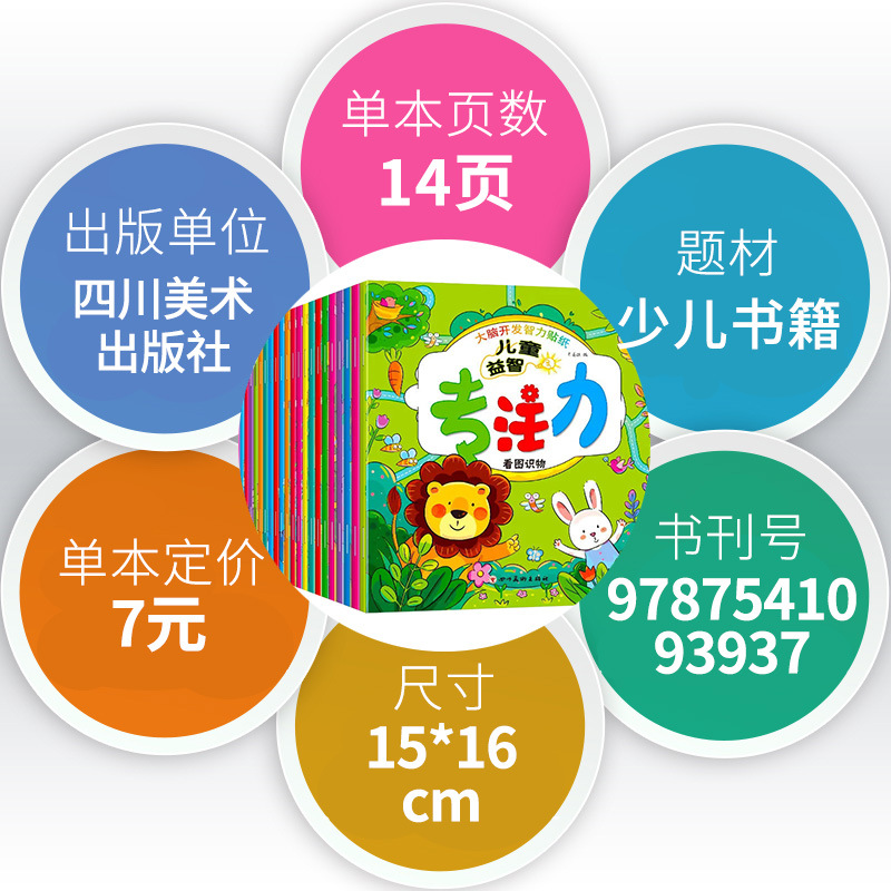 Children's Educational Concentration Training Sticker Book, 24 Volumes of Early Kidshood Education Enlightenment Whole Brain Development Stickers