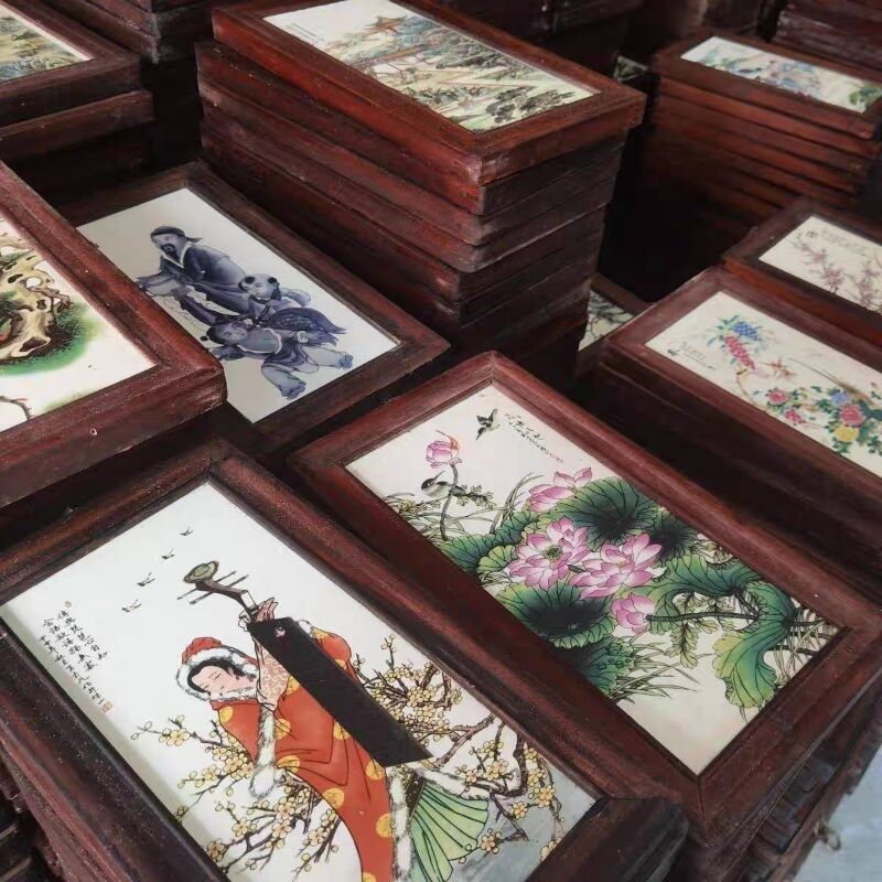 Jingdezhen Ceramic Painting Porcelain Plate Painting Imitation Mahogany Four-Screen Living Room Hanging Painting Restaurant Hanging Screen Decorative Painting Plum Orchid Bamboo and Chrysanthemum