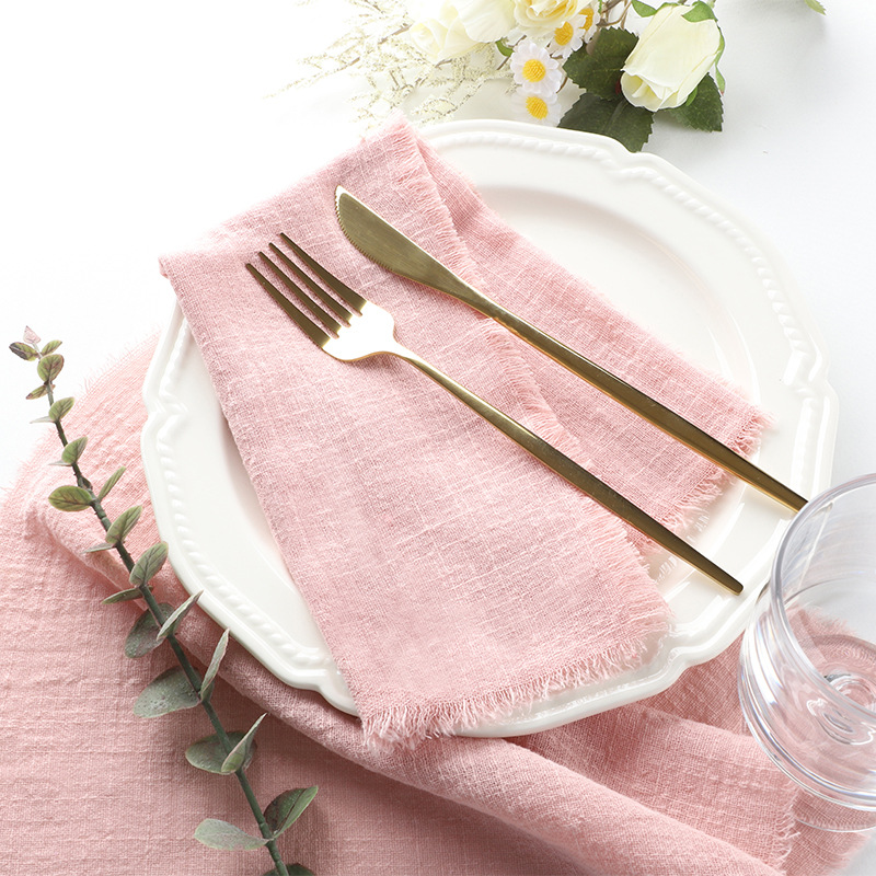 Cross-border Pure Cotton Tassel Rouge Napkin Pleated Square Mouth Cloth Cotton and Linen Cloth Placemats on Western Dining Table