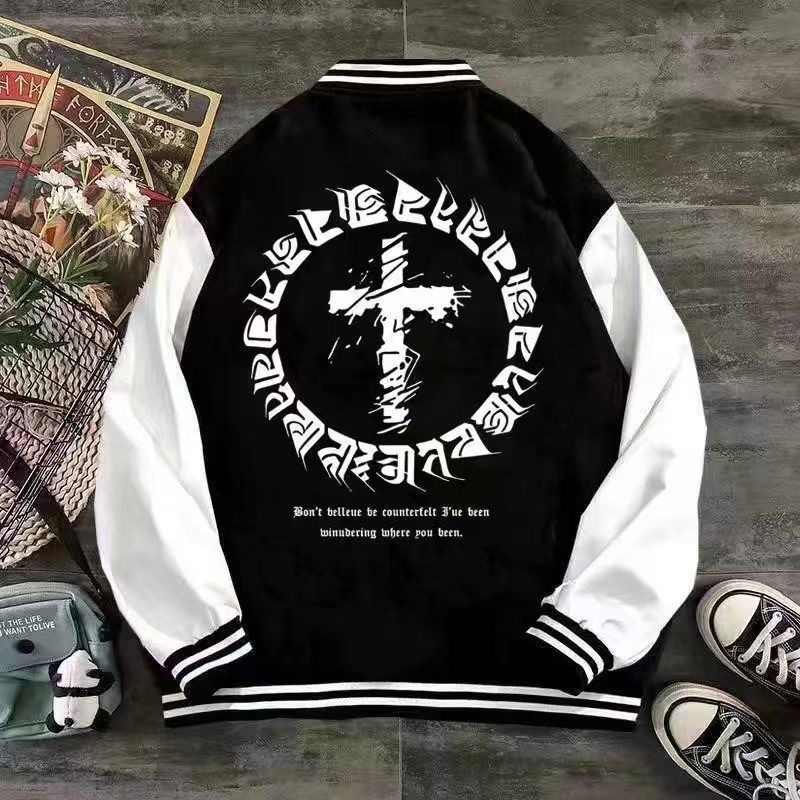 Solid Color Basic Baseball Uniform American Printed Trendy Cardigan Jacket Loose Work Clothes Korean Style Couple Jacket