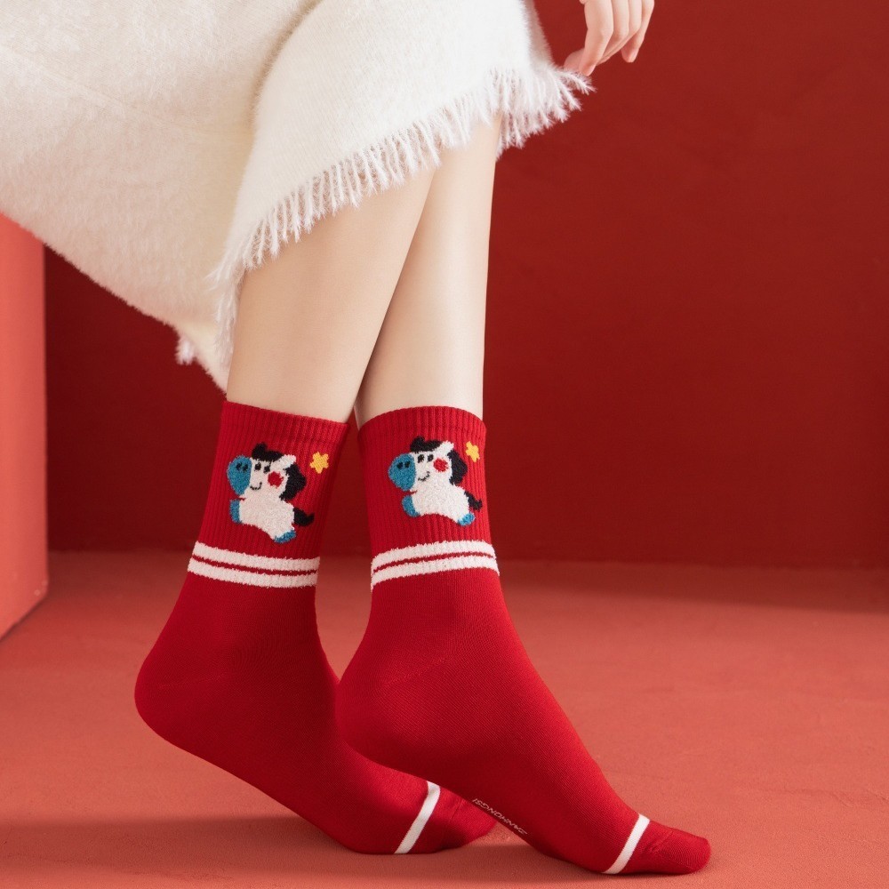 2026 Year of the Horse Zodiac Year Red New Year Socks for Women High Elastic Cute Cartoon Pony Women's Mid-Calf Cotton Socks