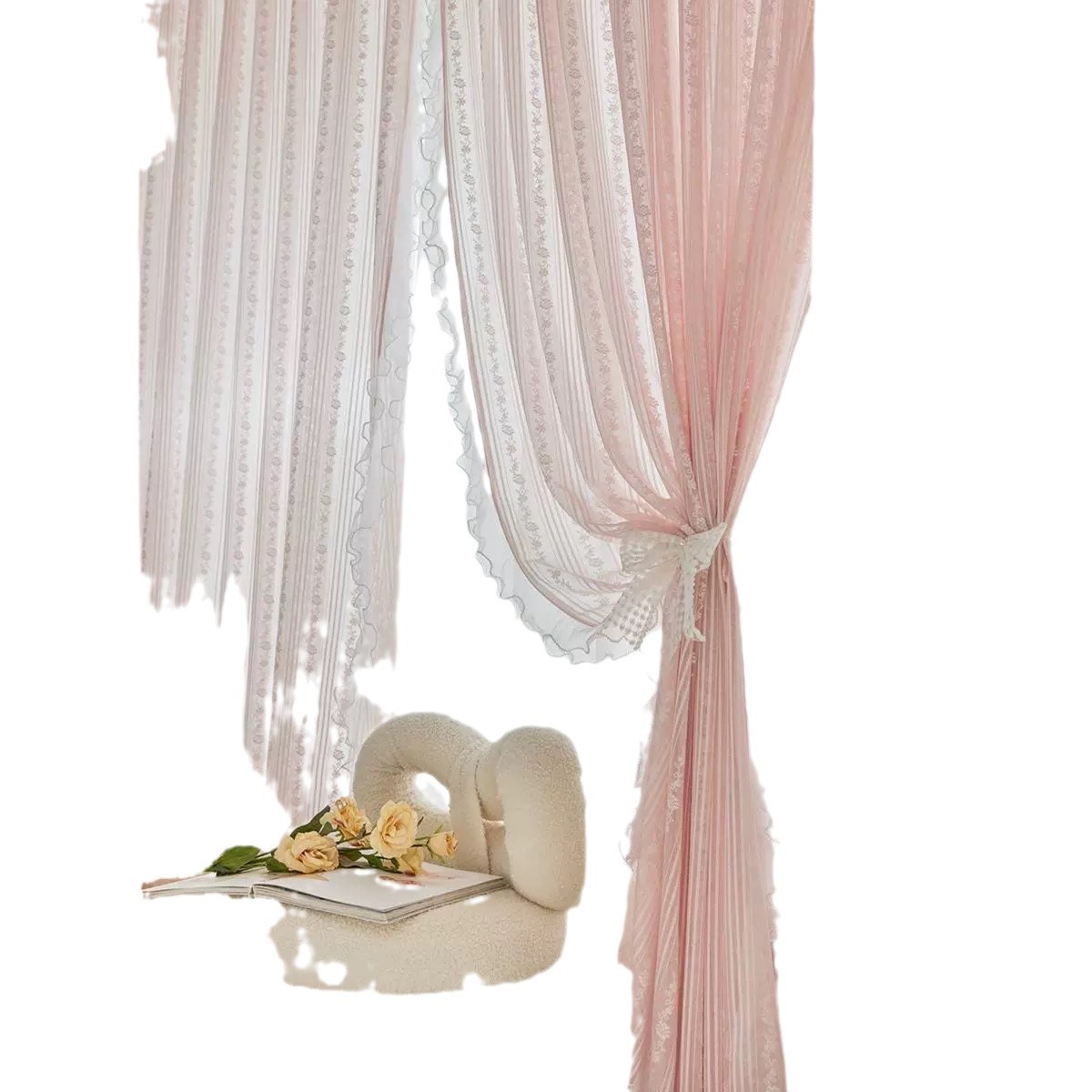 French Girly Pink Lace Window Screen White Gauze Curtain Light-Impermeable New Bedroom Semi-Shading Princess Style Curtain Gauze