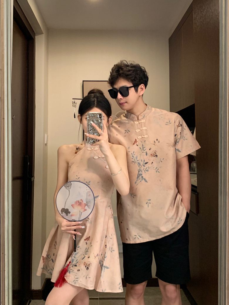 Guofeng Couple's Summer New Antique Neck Hanging Neck Improved Buckle dress Color Elegant Cyber Celebrity Short-sleeved Shirt