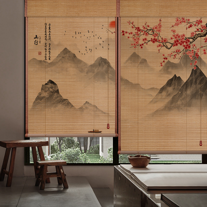 Bamboo Curtain Full Blackout Edge Roller Blind Printed Landscape Painting Curtain Study Bedroom Balcony Office New Chinoiserie Curtain