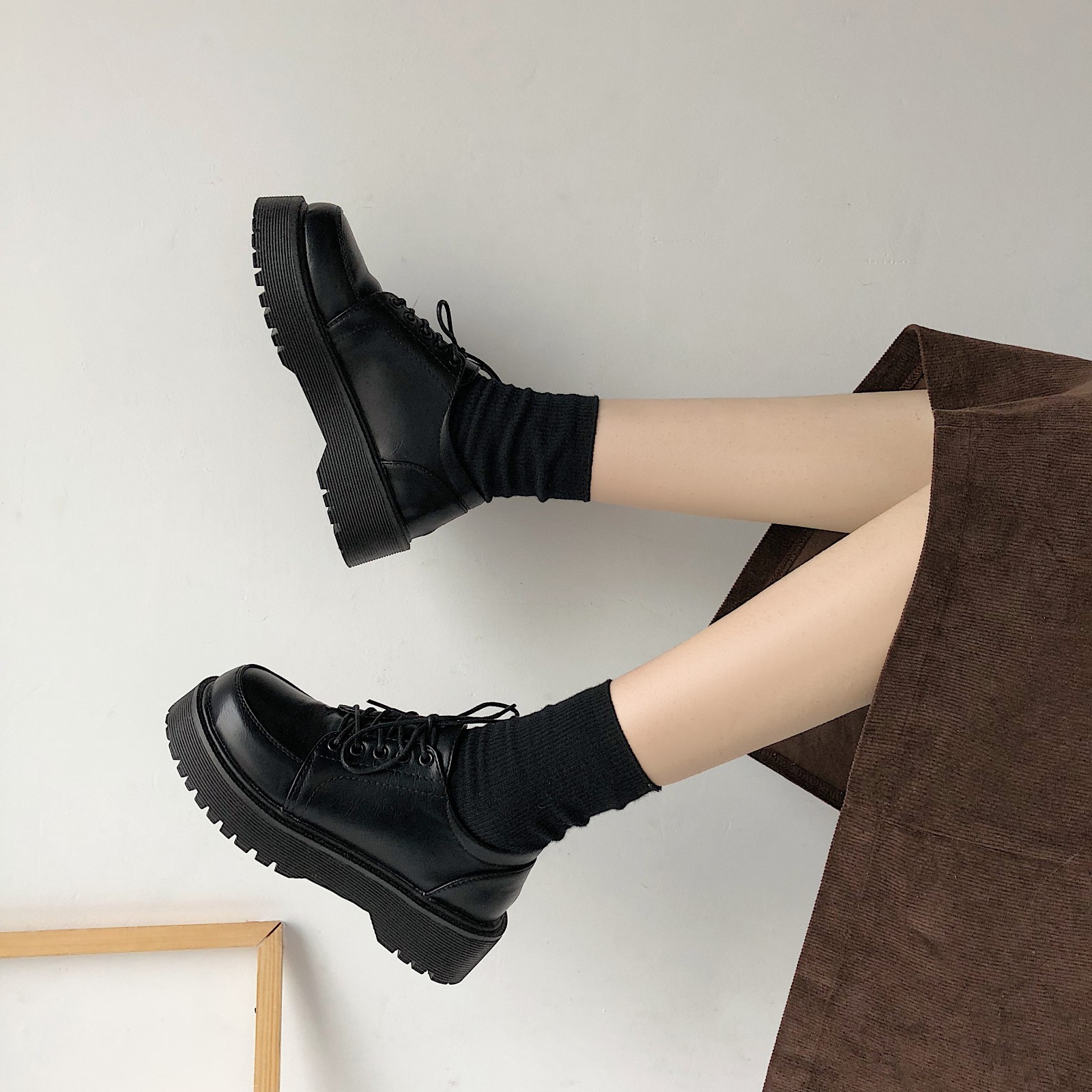 British Style Cloth Round Toe Shoes for Women 2025 New Thick-Soled Platform Front Lace-Up Uniform Jk Small Leather Shoes for Women Wholesale