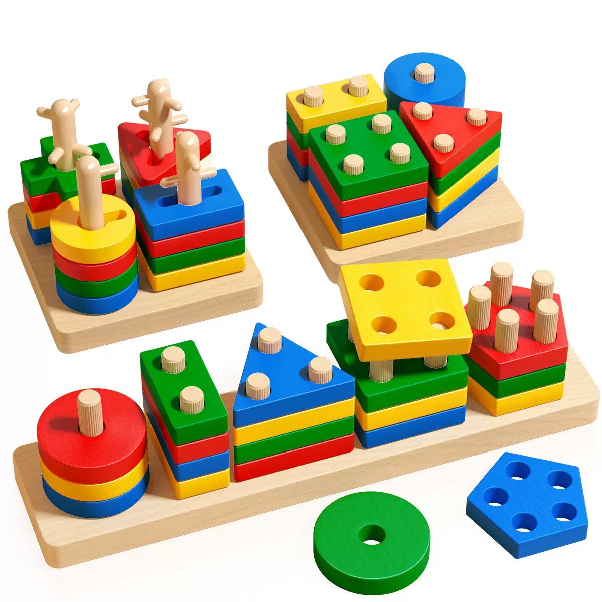 Cross-Border Montessori Geometric Shape Set Column Building Blocks Matching Color Recognition Toddlers 3-6 Years Old Educational Assembly Toys