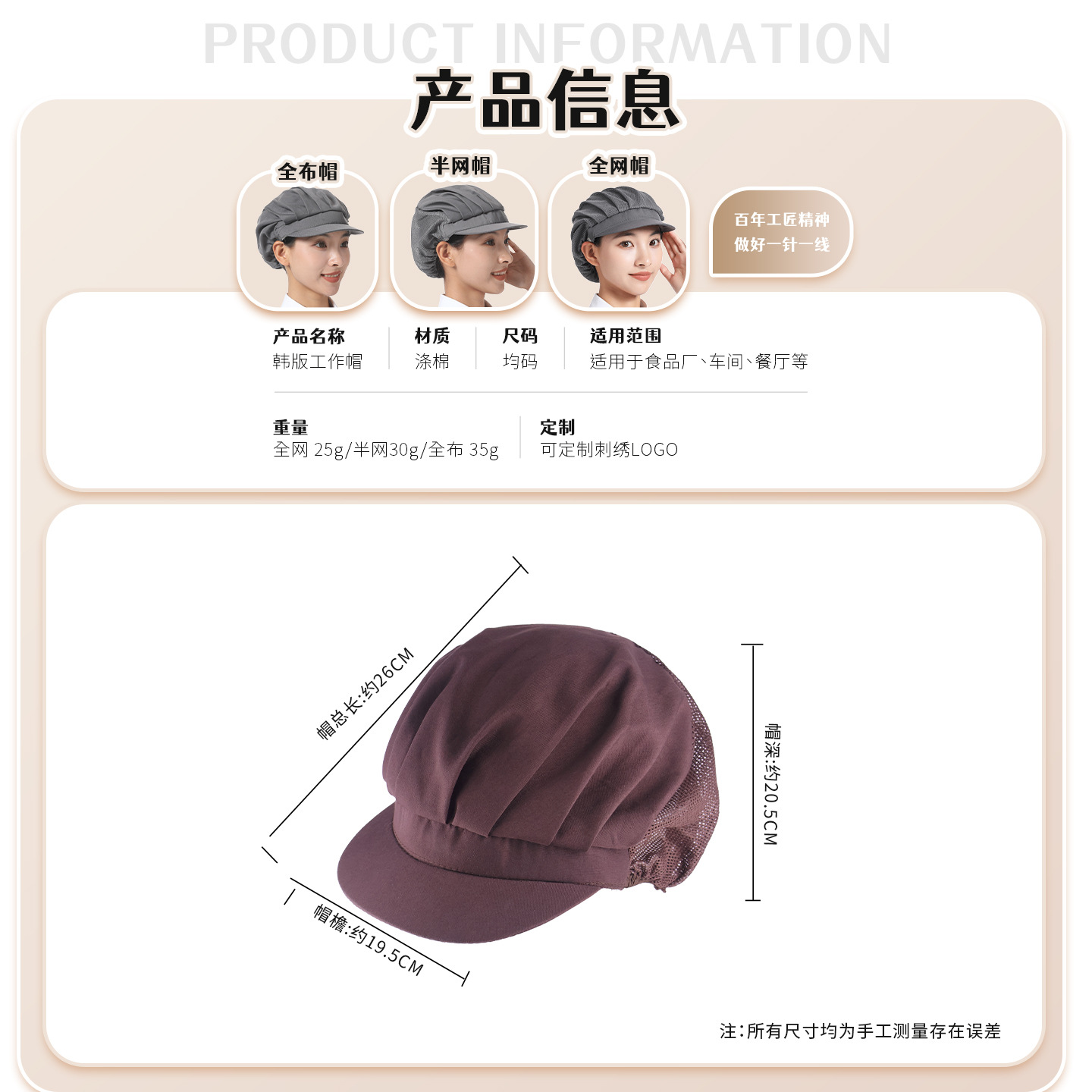 Factory Workshop Work Cap, Catering Kitchen Chef Hat, Waiter Hygiene Food Dust-Proof Cap, Men's Anti-Hair Loss, Women's