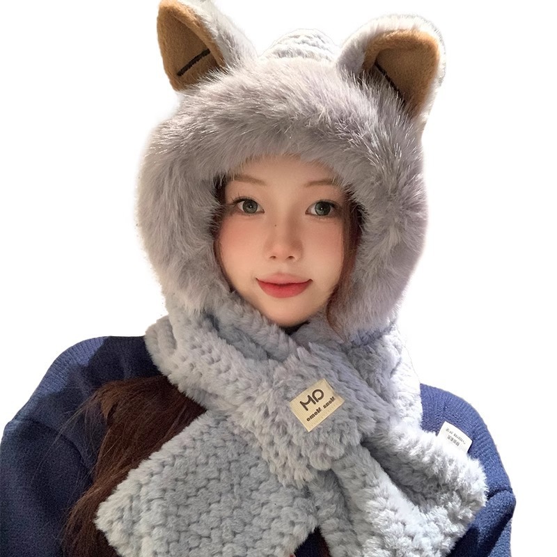 Plush Fox Ear Hat for Women, Winter Warm Neck Scarf, Cold-Proof Winter Ear Protection Scarf, All-In-One Hat Two-Piece Set