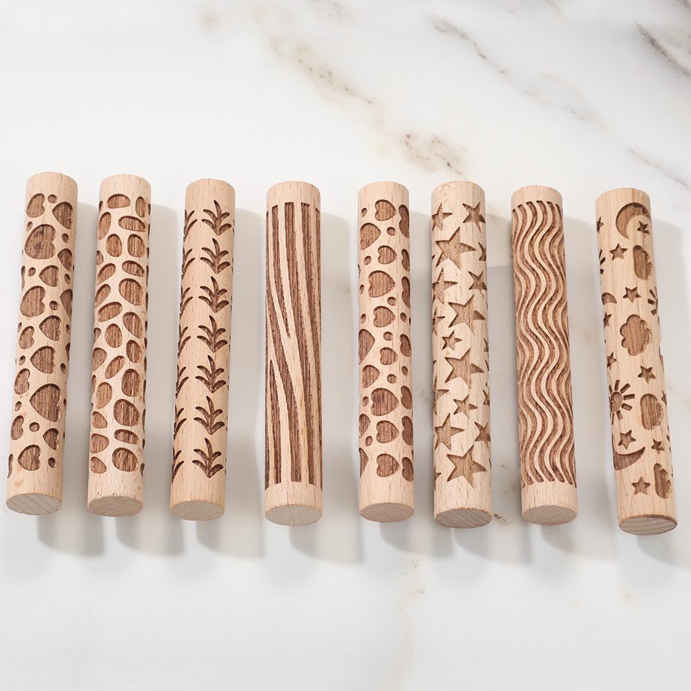 Новая буковая скалка с рельефным узором, лазерная гравировка, инструмент для печати глины, палка для печати