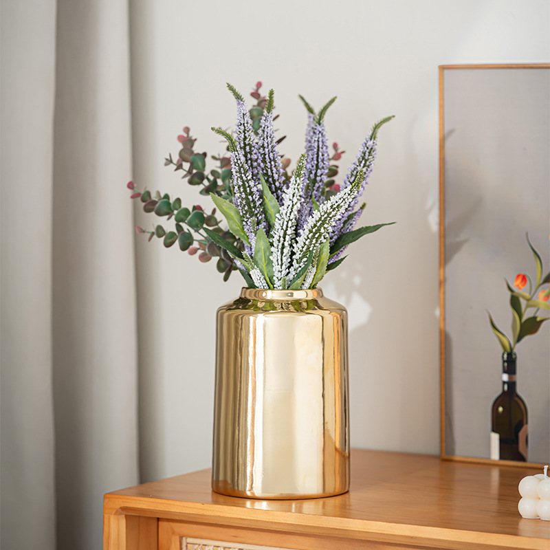 Electroplated Gold Ceramic Vase, High-End, Light Luxury, Asymmetrical Retro Scandinavian Living Room Desktop Flower Arrangement Decorative Ornaments