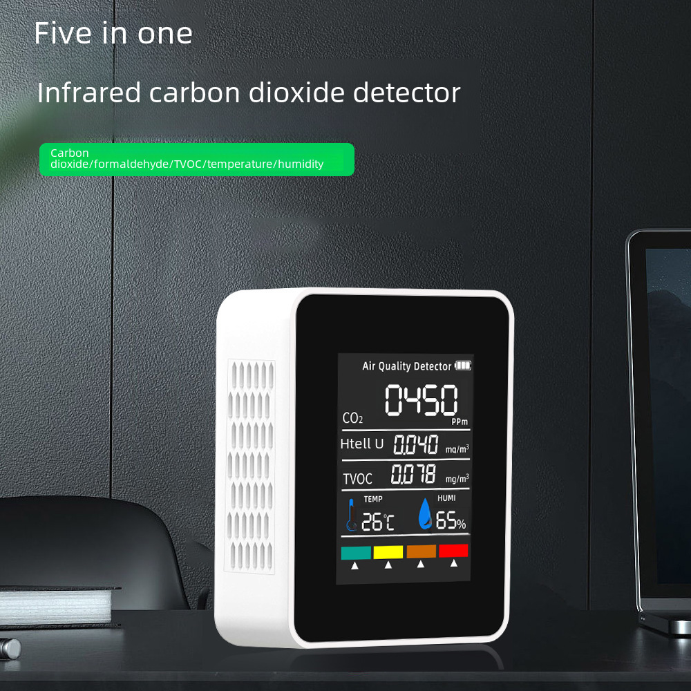 Five-In-One Carbon Dioxide/Formaldehyde/Tvoc/Temperature/Humidity Lcd Screen Semiconductor Carbon Dioxide Detector