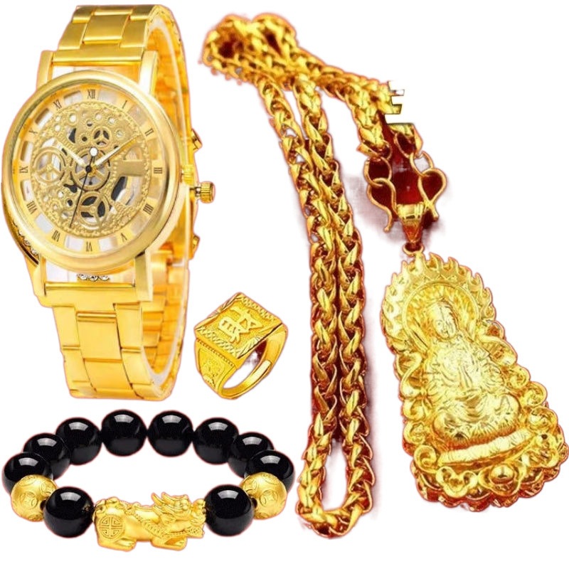 Authentic 2022 New Necklace with Gold Watch Set, Vietnamese Sand Gold for Men, Long-Lasting Imitation Gold, Bold and Grand