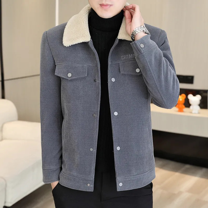 Men's Autumn and Winter Lapel Jacket Pure Color Fur Collar Arctic Velvet Coat fleece-lined Warm Middle-aged Jacket