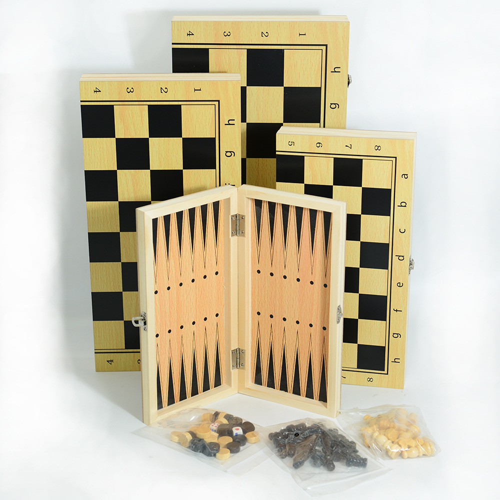 Factory direct three-in-one wooden chess solid wood set foldable portable competitive educational toys