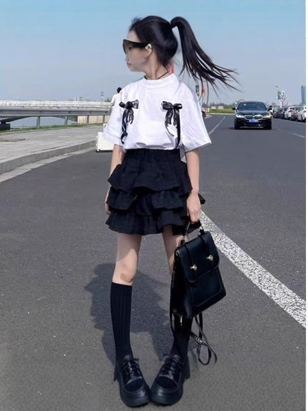 2025 New Summer Girls Korean Style Loose High-Waisted Fashionable Cake Skirt Short Skirt