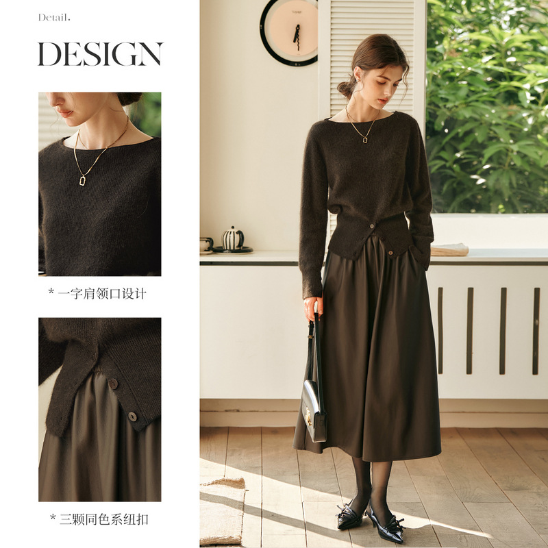 Olrain French One-Neck Knitwear Women's Autum 2025 Slit Hem Waist Pullover Knitwear