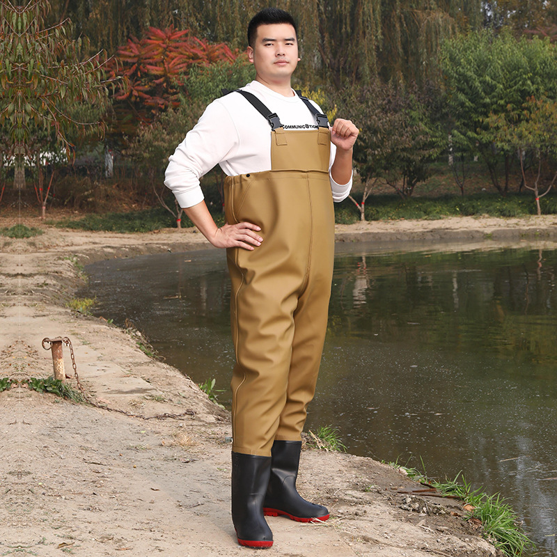 Thickened One-Piece Wading Pants for Aquaculture and Fishing, with Suspenders, Rain Boots, Fishing Pants, Durable and Wear-Resistant Half-Body Men's Wading Pants for Beachcombing