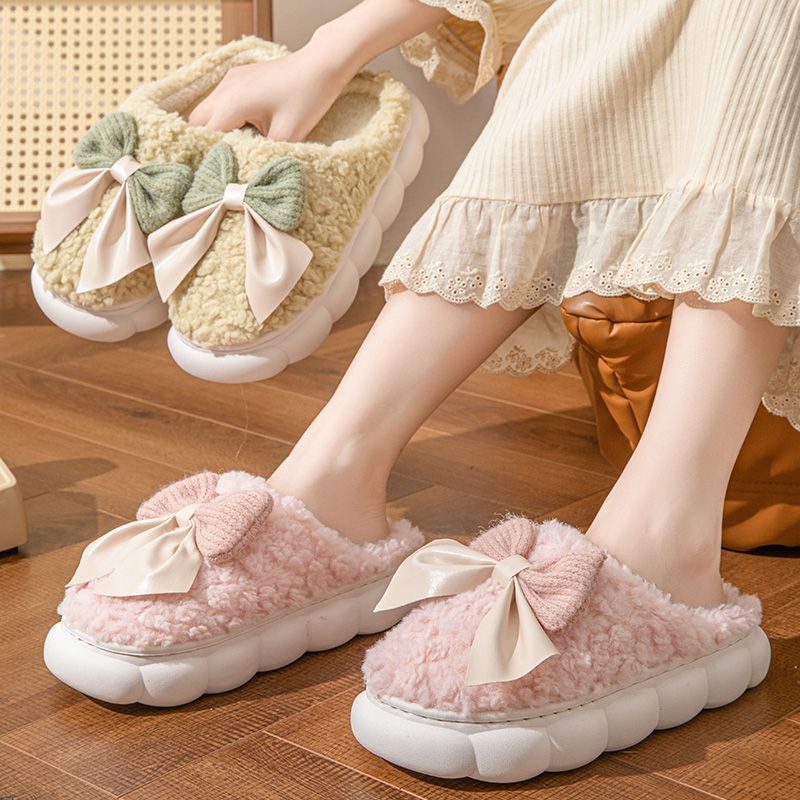 Winter Cotton Slippers with Bowknot, Maternity Shoes for Women, Thickened Non-Slip Home Slippers, Plush Closed-Back Cotton Slippers
