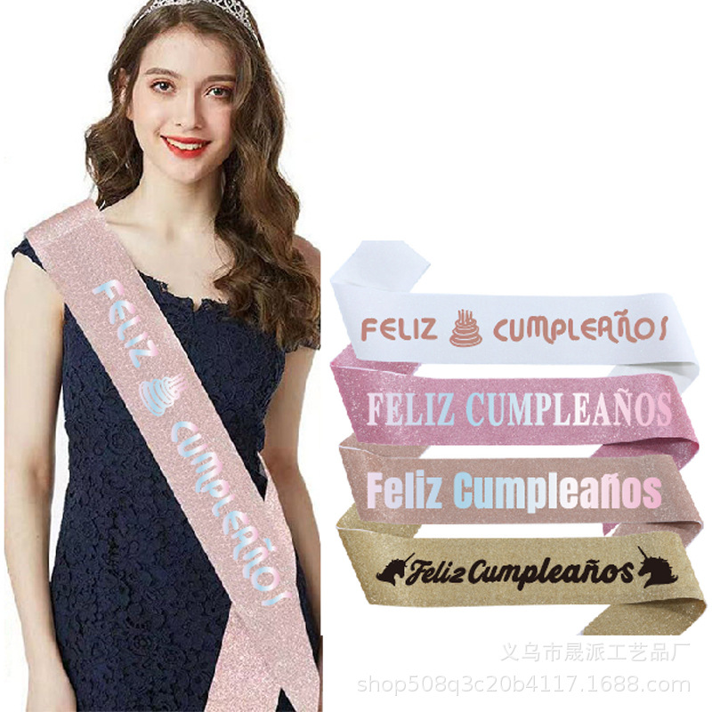 Spanish Birthday Shoulder Belt Courtesy Belt Ribbon FELIZCUMPLEANOS Spanish Courtesy Belt Europe and America Cross Border