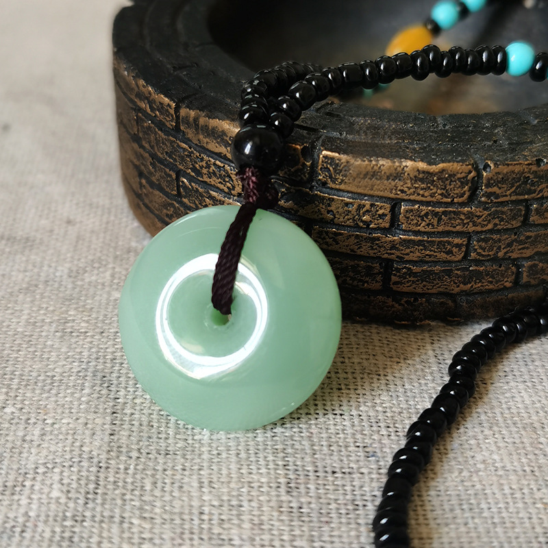 Imitation Jade Ping An Buckle Woolen Chain Jade Necklace Pendant Ethnic Style Long Simple Hanging Chain Jewelry Female Live Gift