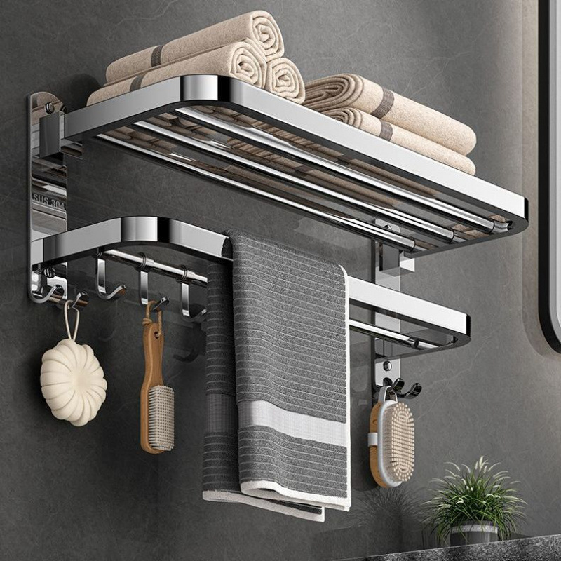 304 Stainless Steel Foldableing Towel Rack Punch-Free Bath Towel Rack Bathroom Bathroom Rack Toilet Storage Rack Hanger Factory