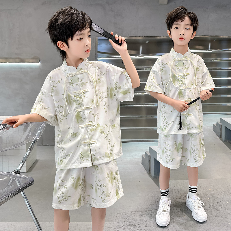 Han Dynasty Boys Summer 2025 New Classy National Style Green Bamboo Short-Sleeved National Trend Tang Suit Chinoiserie Ancient Style Boy Suit