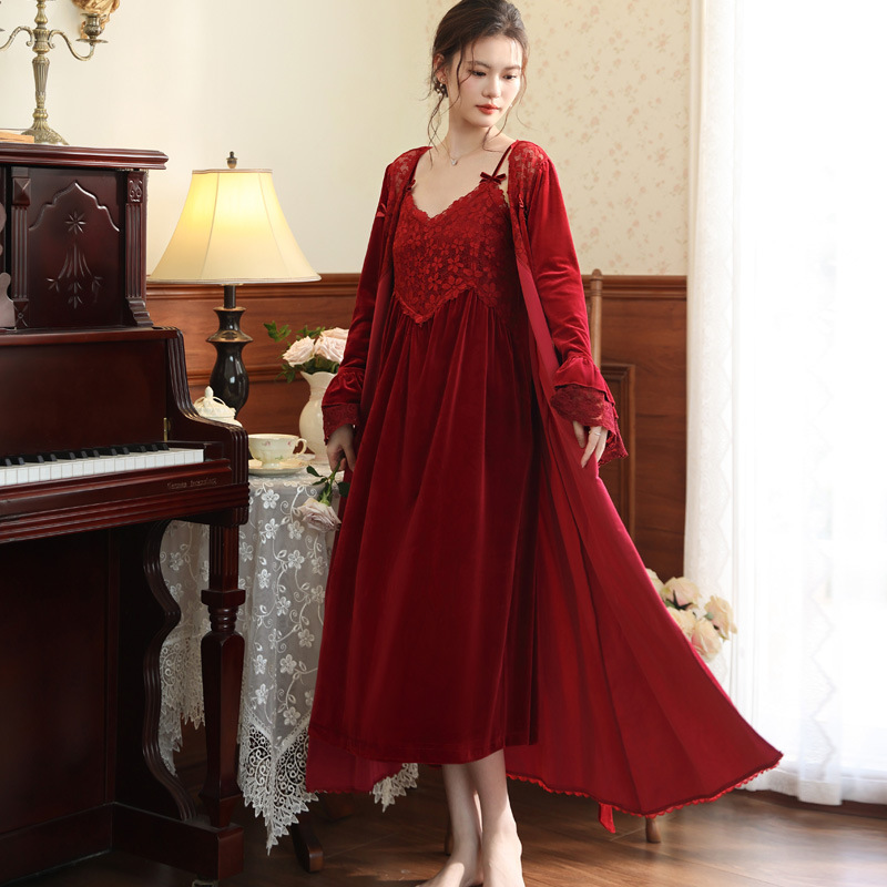 Long-Sleeved Nightgown for Women, Gold Velvet Nightgown, Bridal Dressing Gown, French Warm Pajamas, Can Be Worn Outside, Home Clothes Suit, Autumn and Winter