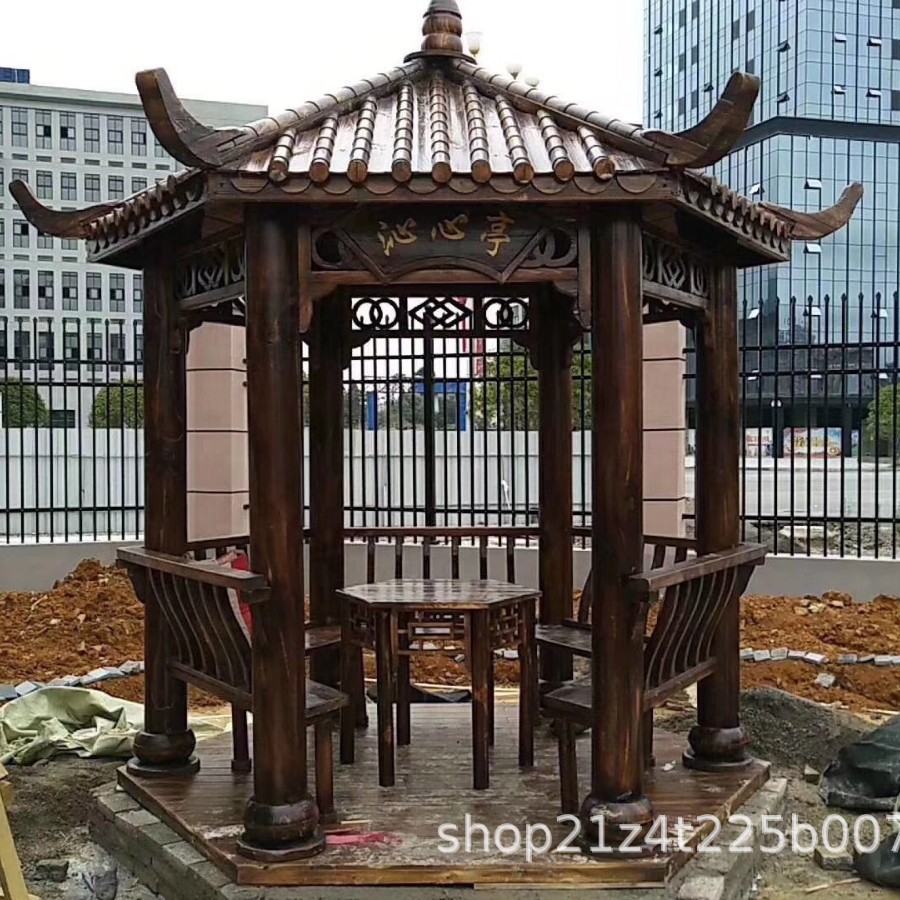 Ancient Hexagonal Pavilion Park Leisure Anti-Corrosion Wood Double-Layer Hexagonal Pavilion Outdoor Courtyard Solid Wood Antique Pavilion Factory