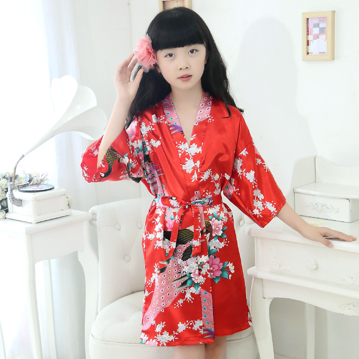 Ночная рубашка из шелка для детей, зарубежная торговля, халат для девочек с принтом павлина, летний кимоно, халат с Amazon