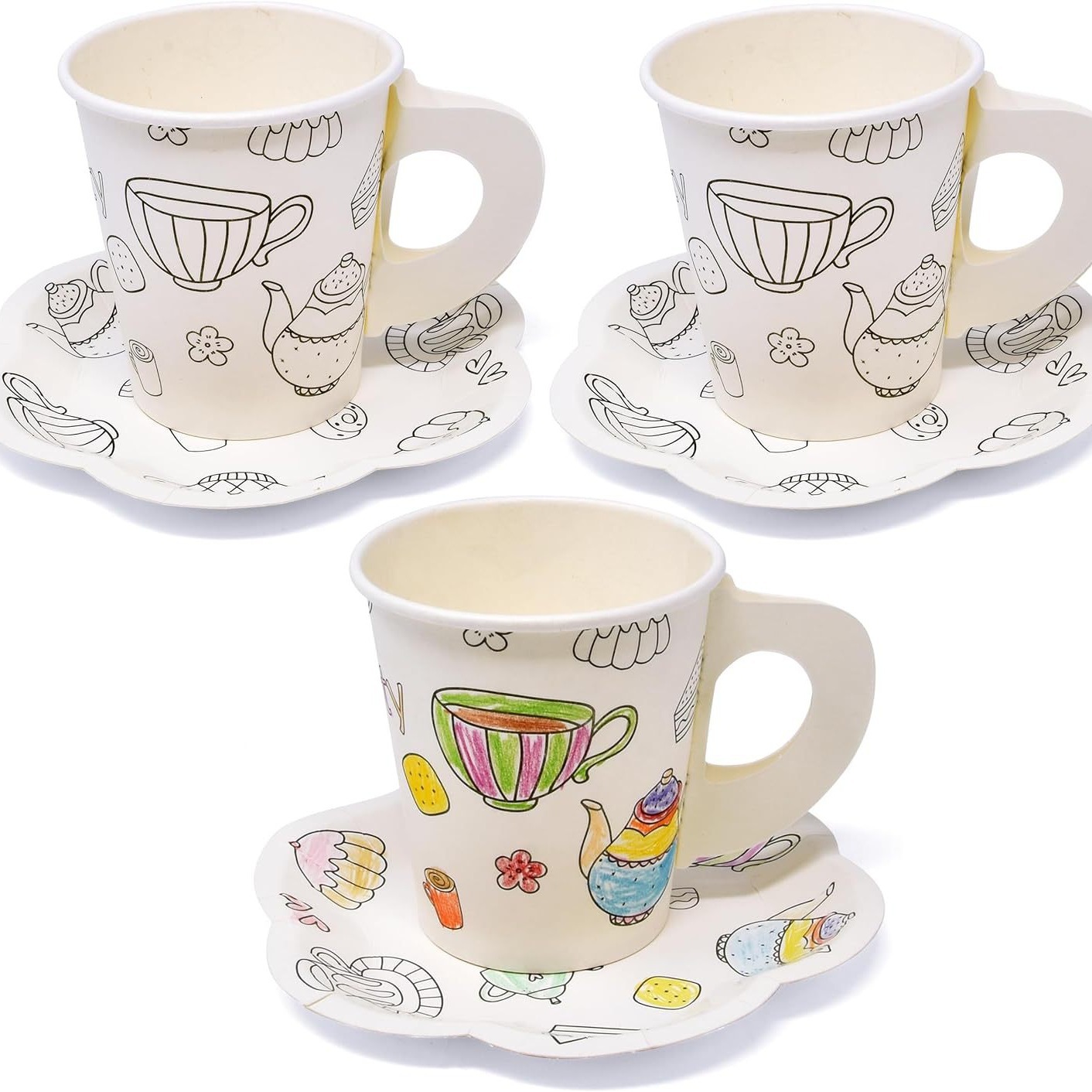 Tea Party New Product Paper Plate Tea Cup Disposable suit with Handle Coloring Activity Craft Coffee Cup