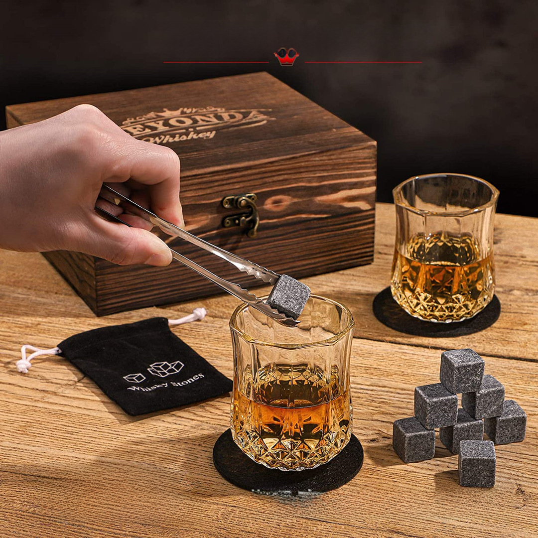 Cross-Border Wooden Ice Wine Stone Gift Whiskey Wooden Box Double Wine Glass Set Wooden Whiskey Set Box in Stock