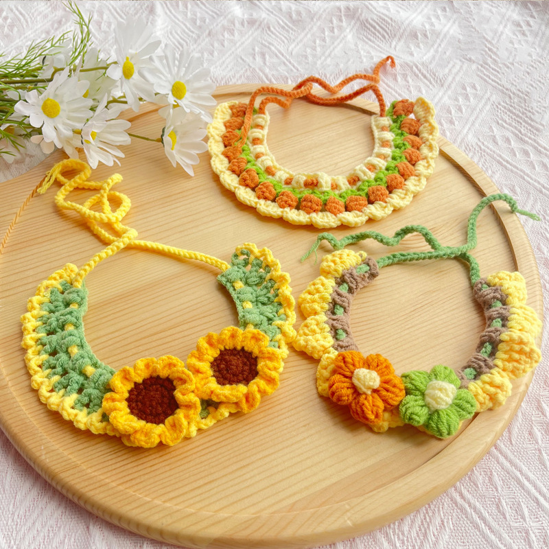 25 spring pet knitted scarf cat flower knitted collar dog wool saliva towel cute orange decoration