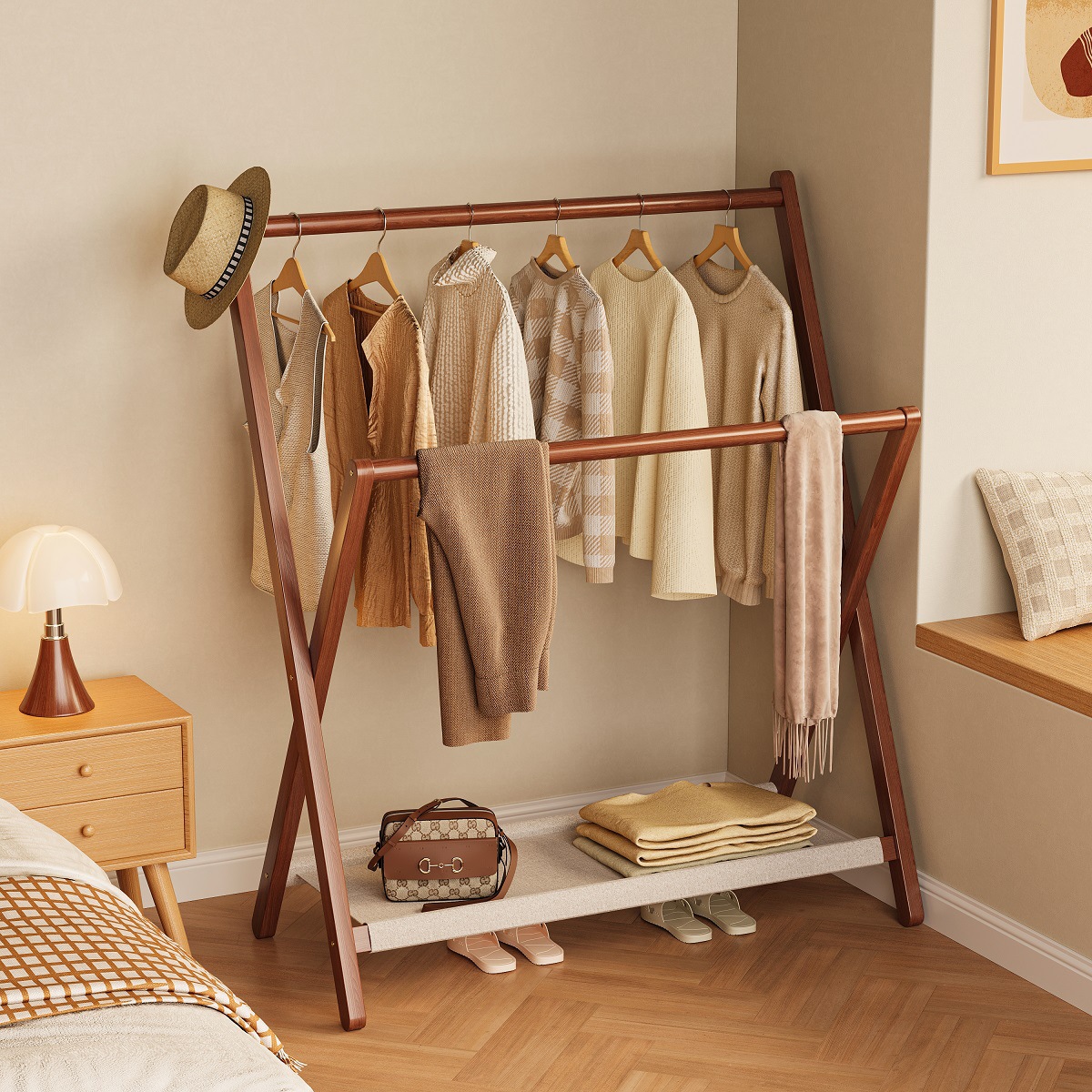 Складная вешалка для одежды, напольная, полка для хранения одежды рядом с кроватью, простая полка для хранения в спальне, вешалка для пальто