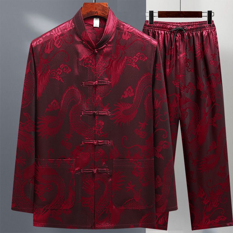 Tang Suit Men's Ice Silk Long Sleeve suit Spring and Summer Middle-aged and Old Age Retro Style Hanfu Dad Old Man Grandpa Morning Exercise Taiji Suit