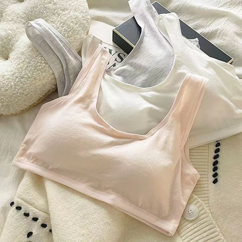 Fixed Cup Pure Cotton Girls' Bra, Comfortable and Seamless Underwear, Junior High School Students' All-In-One Sports Vest Without Rims