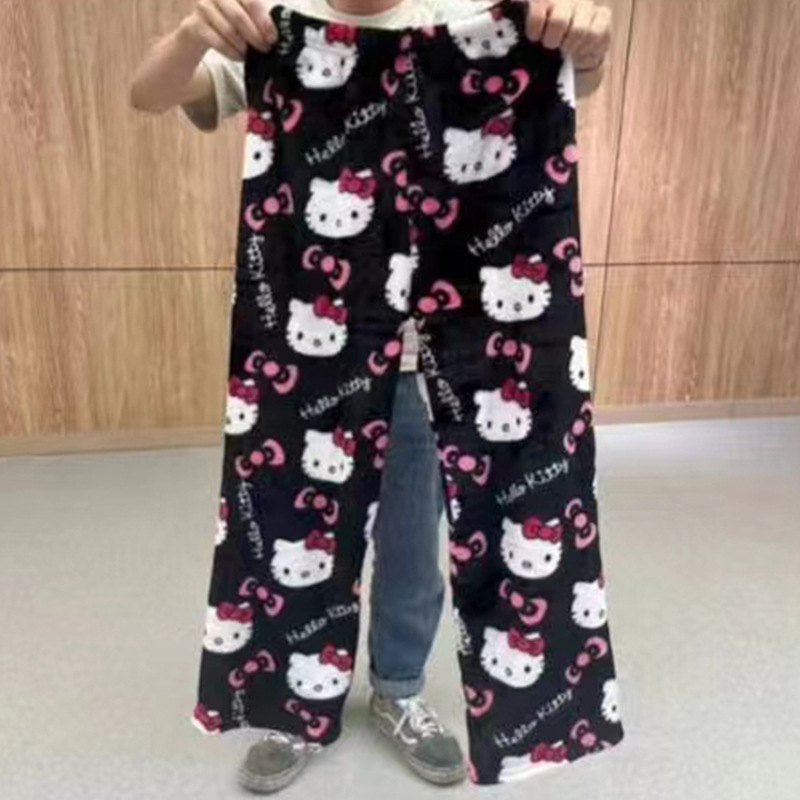 Flannel Cartoon Cat Pajama Pants Women's Autumn and Winter New Coral Fleece Thickened fleece-lined Warm Casual Home Pants