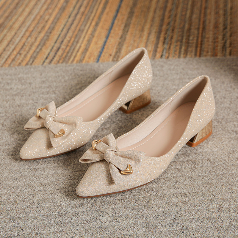 2024 Весна новые вечерние туфли французские толстые каблуки остроносые туфли средний каблук большой размер 40-43