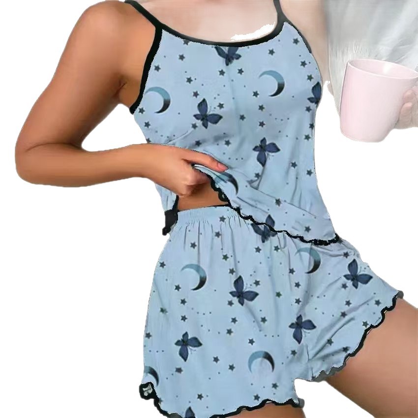 European and American Style Butterfly Print Pajama Set with Camisole, Elastic Waistband Shorts, Women's Sleepwear and Short Loungewear