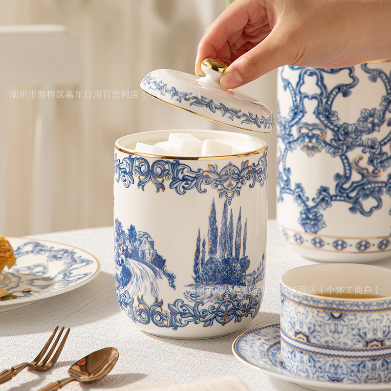 Turkish Style Blue and White Coffee Sugar Jar Small Storage Jar European Style Accessible Luxury Hotel Restaurant Gold Jar Storage with Lid