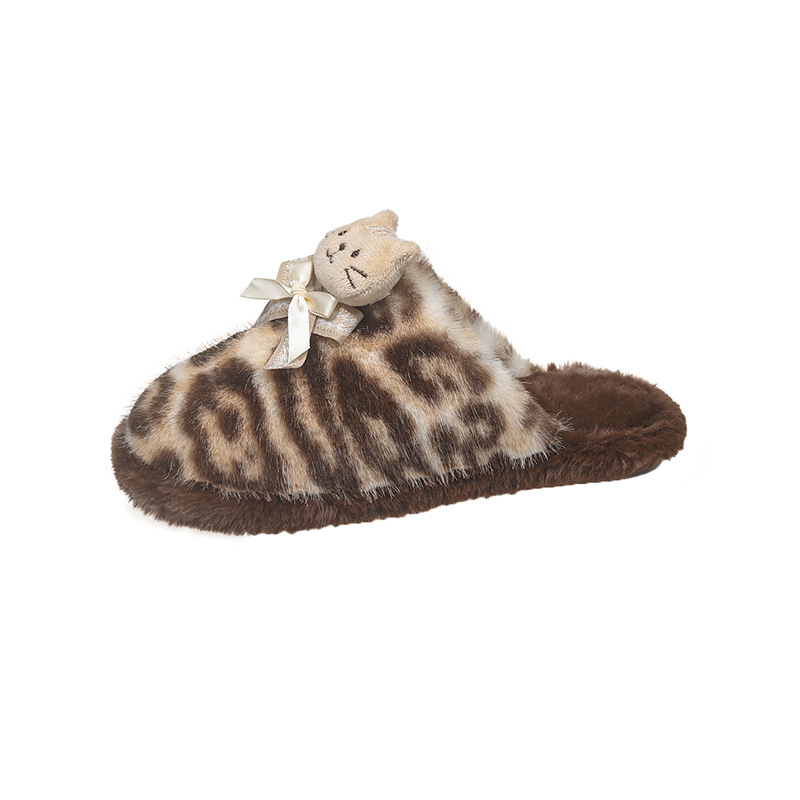 Leopard Print Kitten High-Value Millennial Hot Girl Style Retro Toe-Toe Furry Slippers for Women's Home Indoor Warm Cotton Slippers