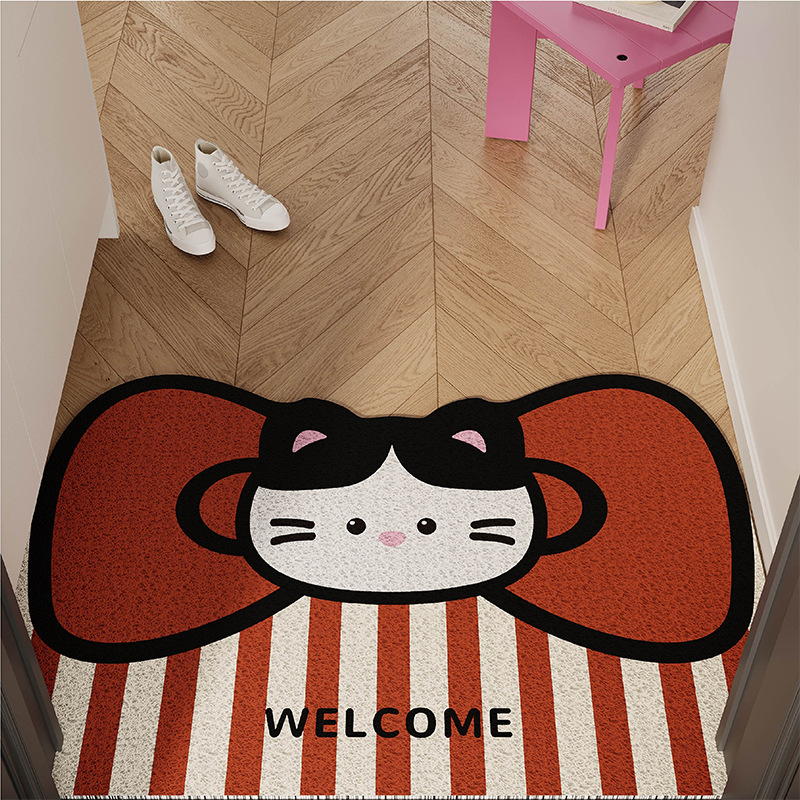 Korean-Style Pink Kt Cute Cat Entrance Floor Mat Silk Loop Non-Slip Foot Mat for Entryway Door Outside Mat, Can Be Cut