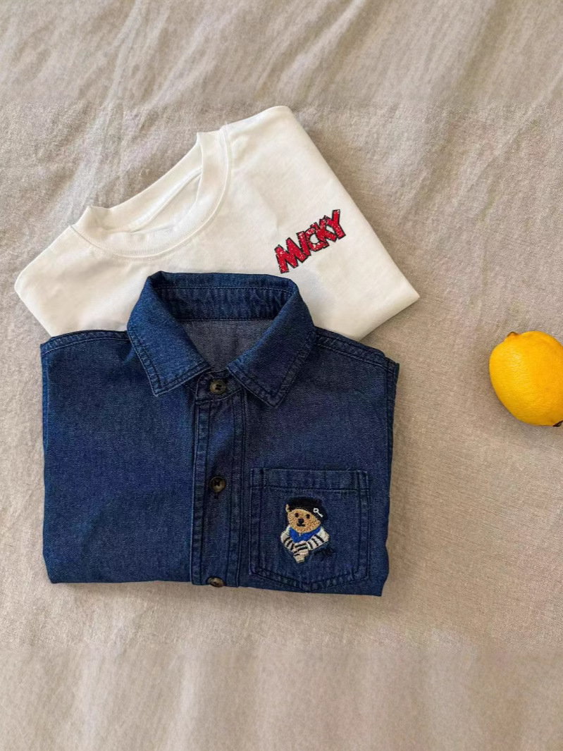 Children's Denim Shirt 2025 Autumn New Children's Clothing Boys Korean Style Embroidered Casual Top Baby Tops Trendy and Cool