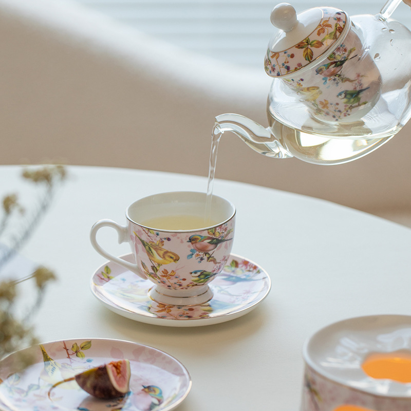 British Afternoon Pink Bird Tea Set Flower Teapot Candle Heating French Afternoon Tea Set Fruit Teapot