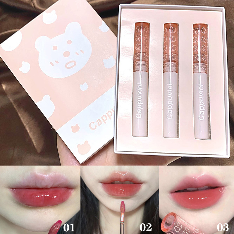 Cappuvini Bubble Lip Glaze Set Mirror Water Gloss Glass Lip Glaze Women's Lipstick Affordable Student Milk Tea Color Lip